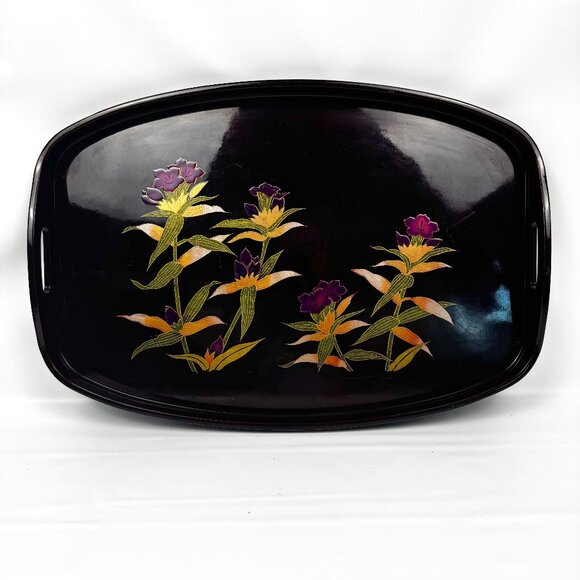 Vtg Toyo Japan Lacquer Ware 19x12" Black Floral Serving Tray Handles Round READ - Picture 2 of 14